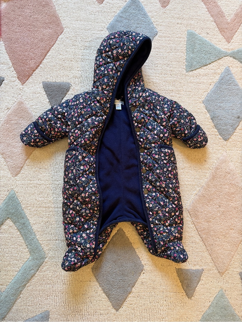 Navy Floral Quilted Hooded Baby One-Piece Snowsuit